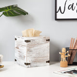 Distressed Farmhouse Square Solid Wood Tissue Box Cover with Slide-Out Bottom Panel Honey Brown Tissue Box Holder for Bathroom Living Room Dining Room Bedroom Toilet (Washed White) canwedance