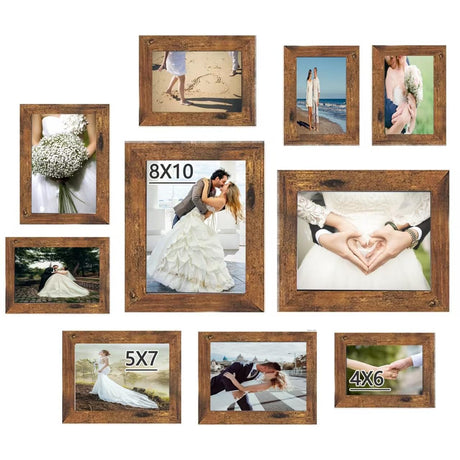 xnlkros 10 pack Picture Frame Set with Two 8x10,Four 5x7,Four 4x6, Rustic Collage Gallery Wall Frame, Farmhouse wood Photo Frames for living room Wall Gallery Decor or Desk,Rustic Brown xnlkros