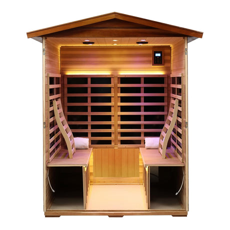 KUNSANA Red Cedar 4 Person Outdoor Ultra-Low EMF（0.5mg） Infrared Sauna, Multi-Person Home Sauna spa, 2160w,12 Heating Panels, LCD Control Panel, Bluetooth Speaker, Chromotherapy Lights, Reading lamp KUNSANA
