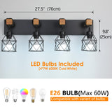 Farmhouse Vanity Light Fixture,4-Light Bathroom Lighting,Black Industrial Wood Wall Light Over Mirror with Metal Shade,LED Bulbs Included vivihobb