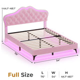 ADORNEVE Full Size Upholstered LED Bed Frame, Girls Bed with Adjustable Crystal Button Headboard, Velvet Princess Platform Bed for Girls, Solid Wooden Slats, Easy Assembly, Pink ADORNEVE