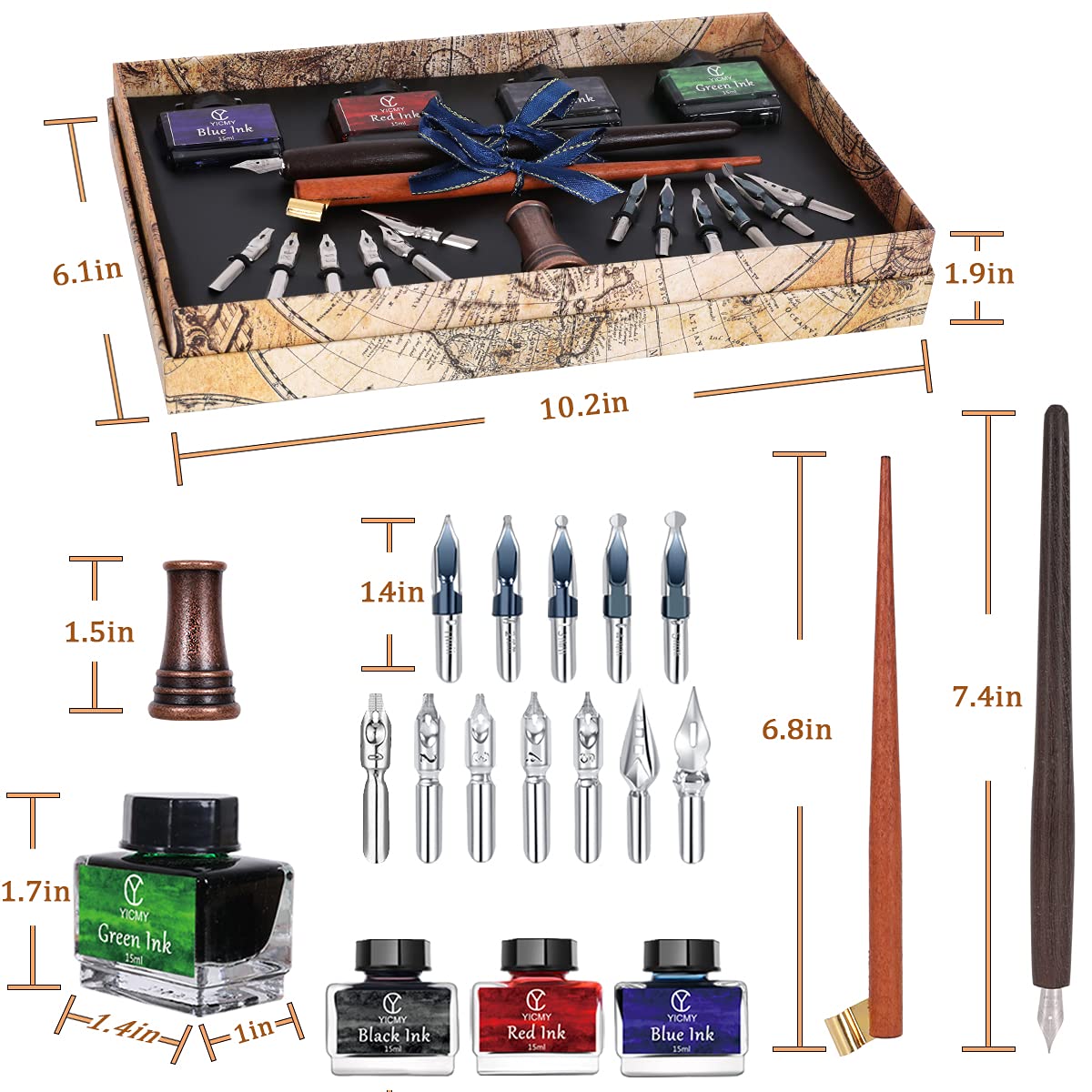 YICMY Calligraphy Pen Set,Calligraphy Set For Beginners Includes Oblique Pen Wooden Calligraphy Pen 12 Pen Nibs & 4 Different Color Inks Dip Pen Set Fountain Pen Set Retro Gift YICMY