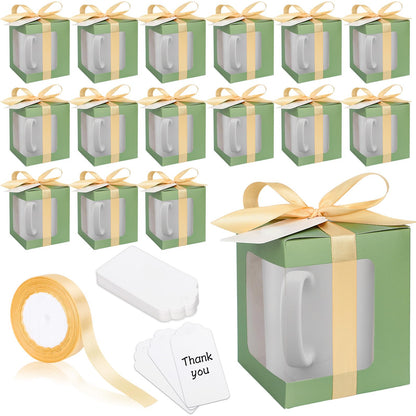 Whaline 24Pcs Sage Green Mug Gift Boxes with Tag Ribbon Sublimation Mug Boxes with Window Paper Gift Packaging Box for Blanks 11oz, 12oz, 15oz Mugs