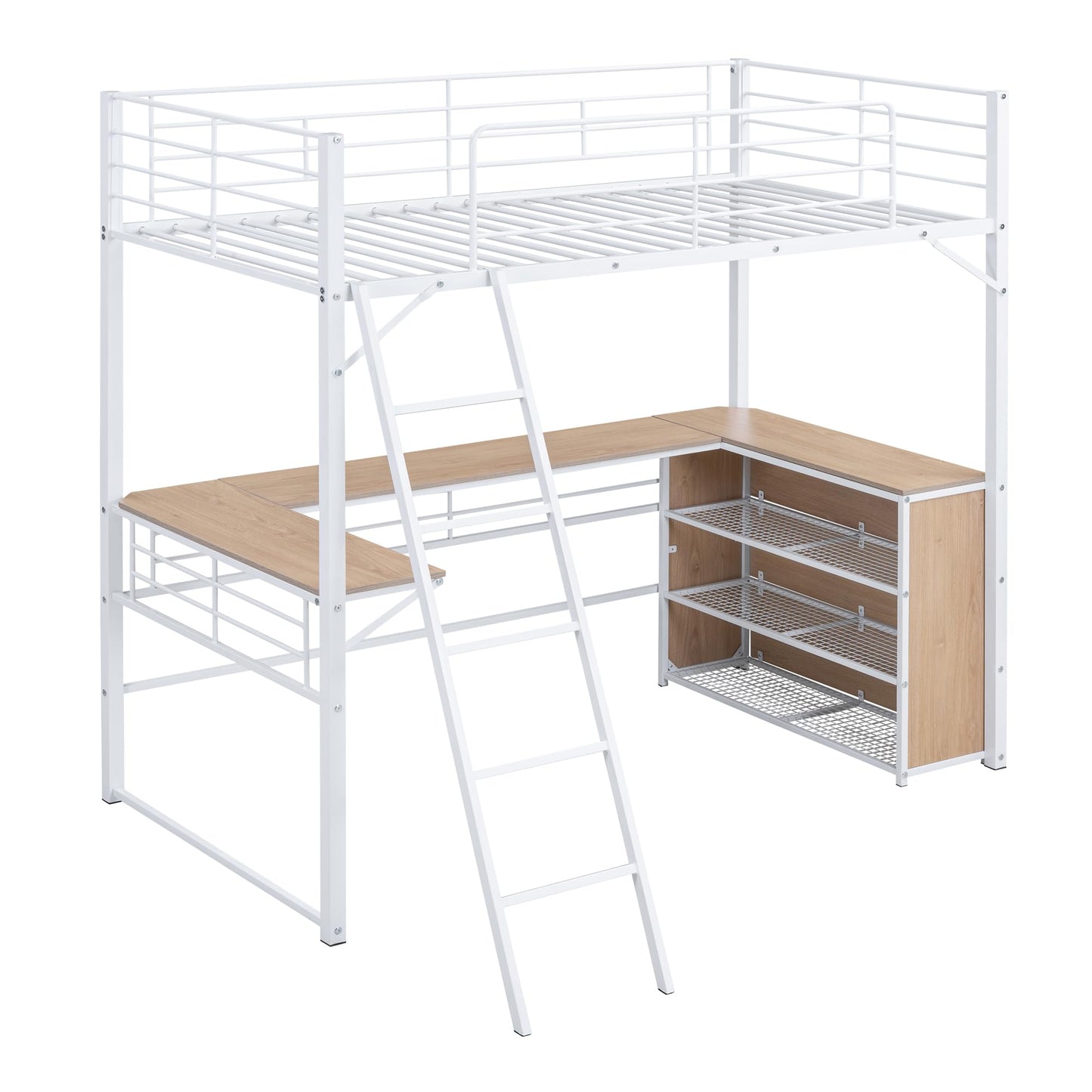 Metal Twin Size Loft Bed with L-Shaped Desk,Heavy Duty Loft Bed with 3 Tier Shelves for Kids Teens Adults,Loft Bed Twin Size with Storage, High Loft Bed Frame, Space Saving,White