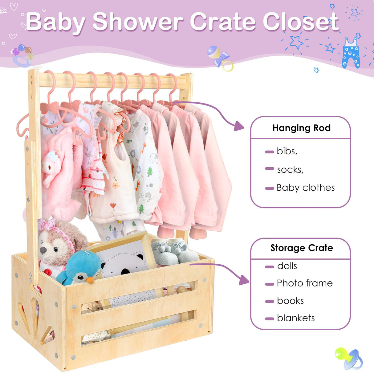 Vibaruta Wooden Crate Basket, Baby Storage Crate Closet with Adjustable Handle, Basket for Baby Shower Gifts (Natural) Vibaruta