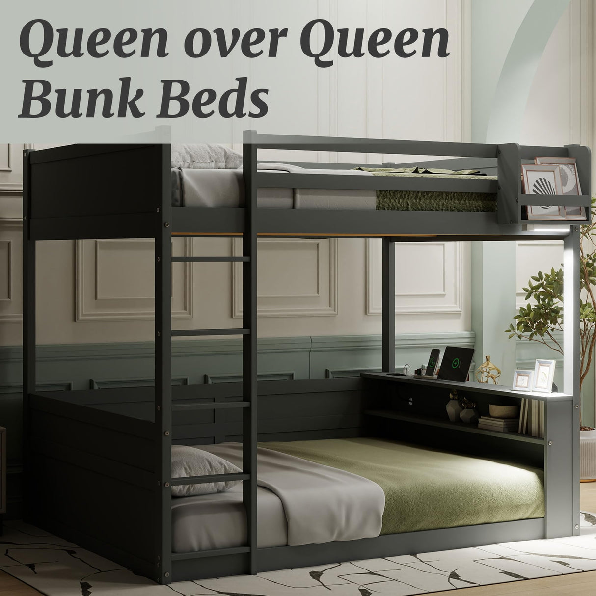 OYUMOENTS Queen Over Queen Bunk Beds for Adults, Queen Bunk Bed with Built-in Shelves & Small Bookcase, LED Light & USB Charging Station, Wooden Bed Frame with Clothes Hooks for Teens & Adults, Grey OYUMOENTS