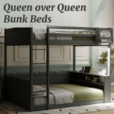 OYUMOENTS Queen Over Queen Bunk Beds for Adults, Queen Bunk Bed with Built-in Shelves & Small Bookcase, LED Light & USB Charging Station, Wooden Bed Frame with Clothes Hooks for Teens & Adults, Grey OYUMOENTS