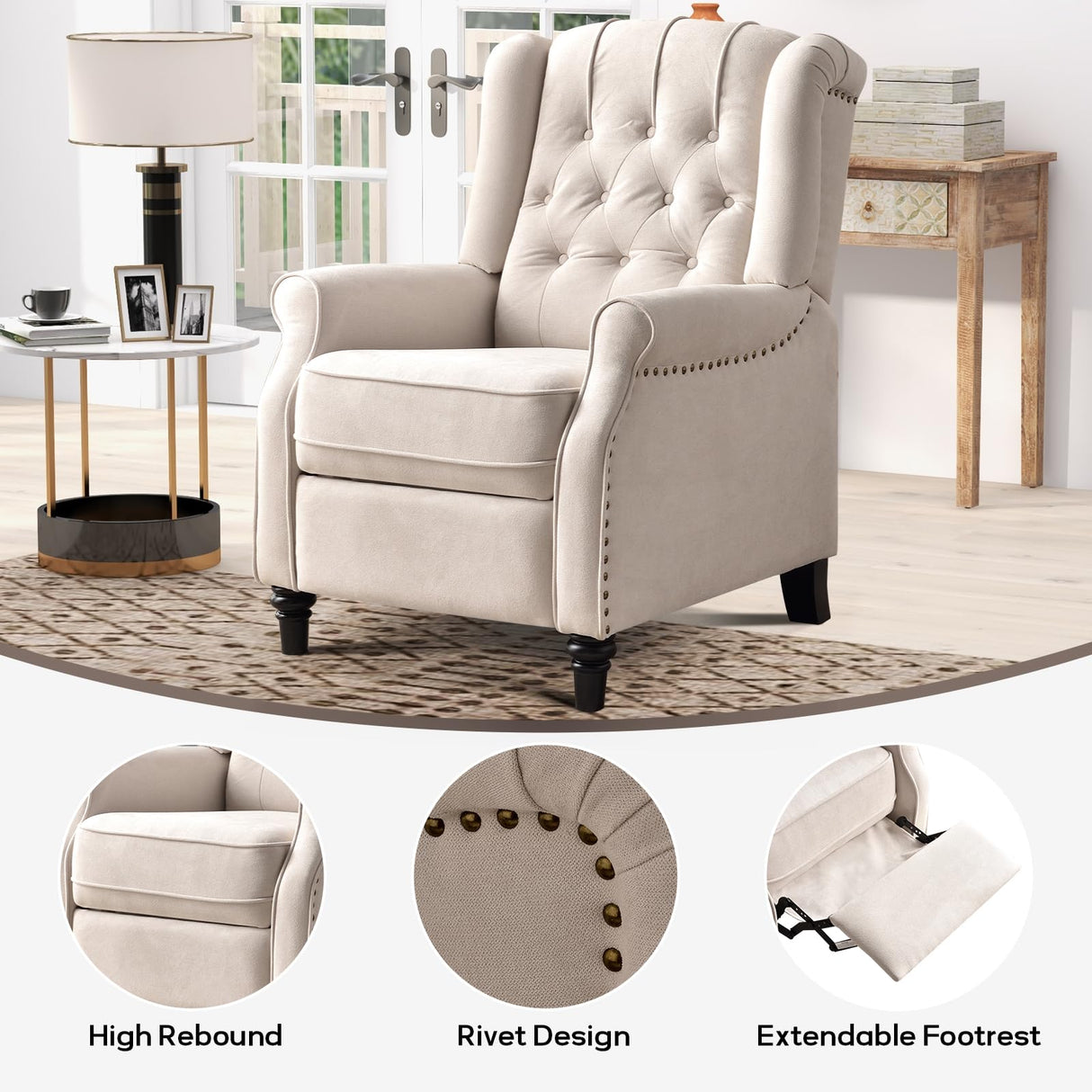 IOMOR Push Back Recliner Chair Fabric Lounge Armchair Pushback Recliner with Rivet Decoration Wingback Single Sofa Chair with Padded Seat for Living Room, Bedroom (1, Beige) IOMOR