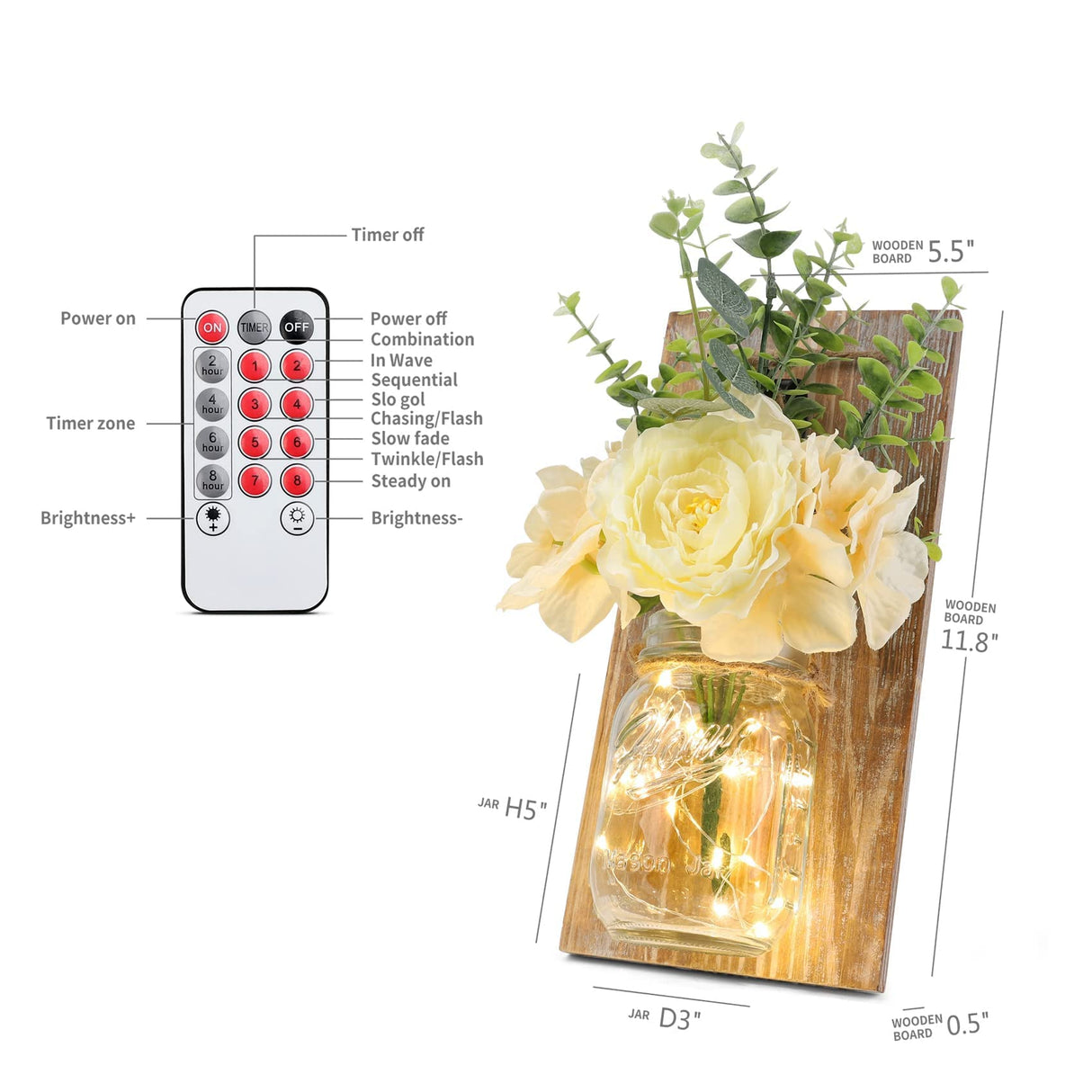 HOMKO Rustic Wall Decor, Mason Jars Wall Sconces with Remote Control Multi-Mode LED Lights, Hanging Farmhouse Decor (Set of 2) - Rustic Brown HOMKO