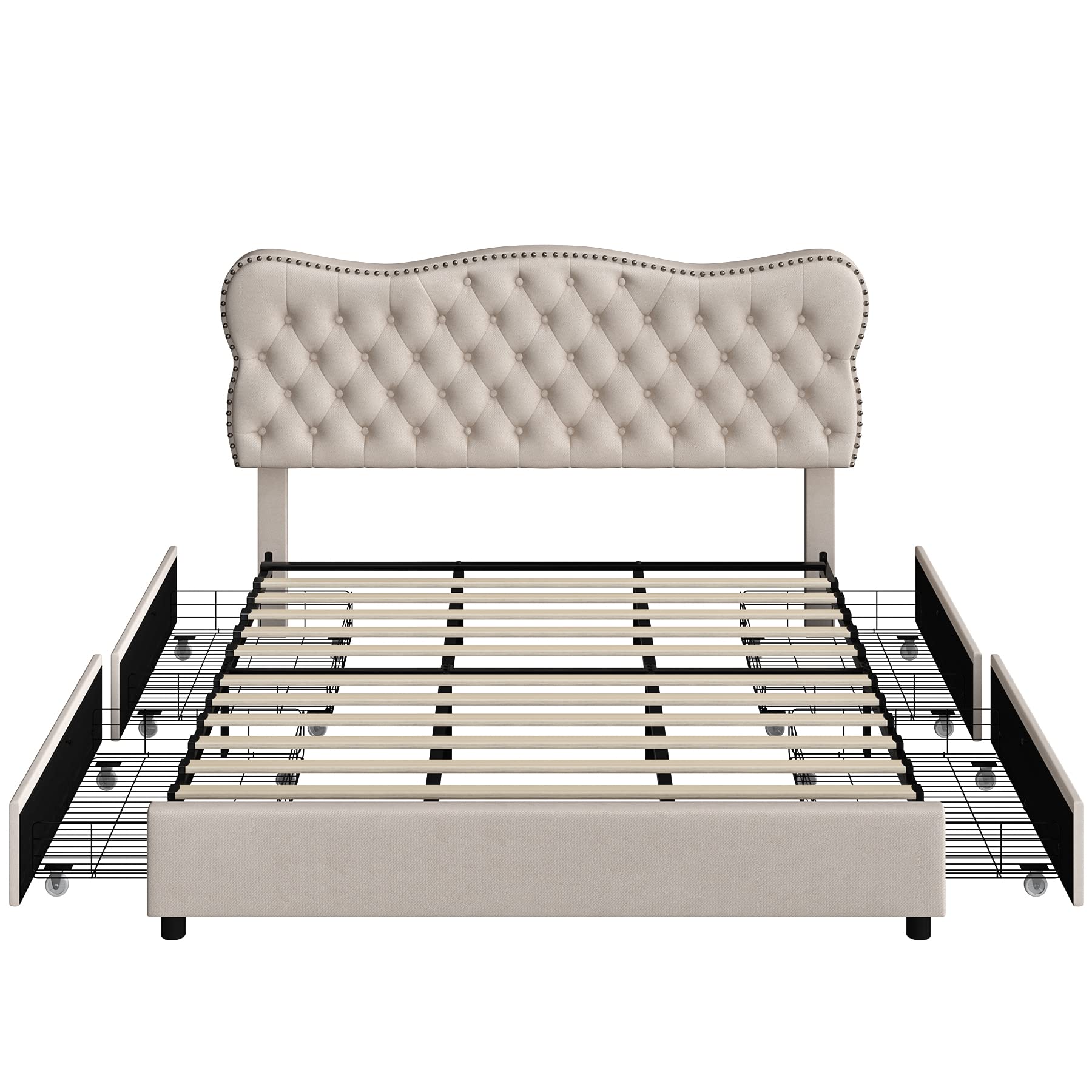 HOSTACK King Bed Frame with 4 Storage Drawers and Upholstered Button Tufted Headboard - Heavy Duty Mattress Foundation in Beige - WoodArtSupply