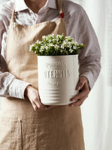 DOWAN 7.2″ Extra Large Kitchen Utensil Holder - Farmhouse Utensil Holder for Countertop - Ceramic Utensil Crock with Protection Cork Mat - Kitchen Decor & Housewarming Gift (White) DOWAN