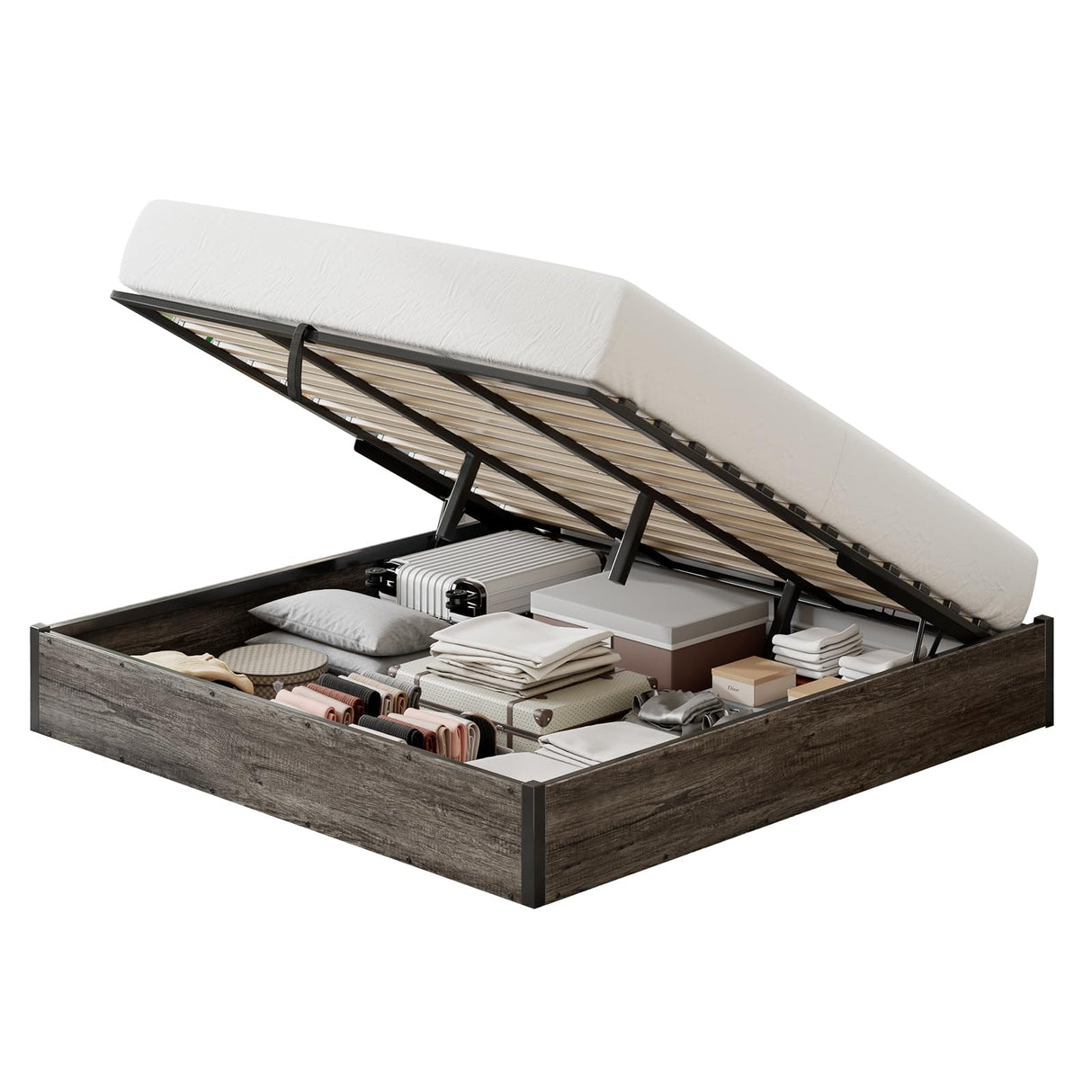 LUXOAK King Size Lift Up Storage Platform Bed Frame, Metal Bed Frame with Wooden Slats Support, No Box Spring Needed, Large Storage Space, Noise Free, Easy Assembly, Rustic Grey LUXOAK