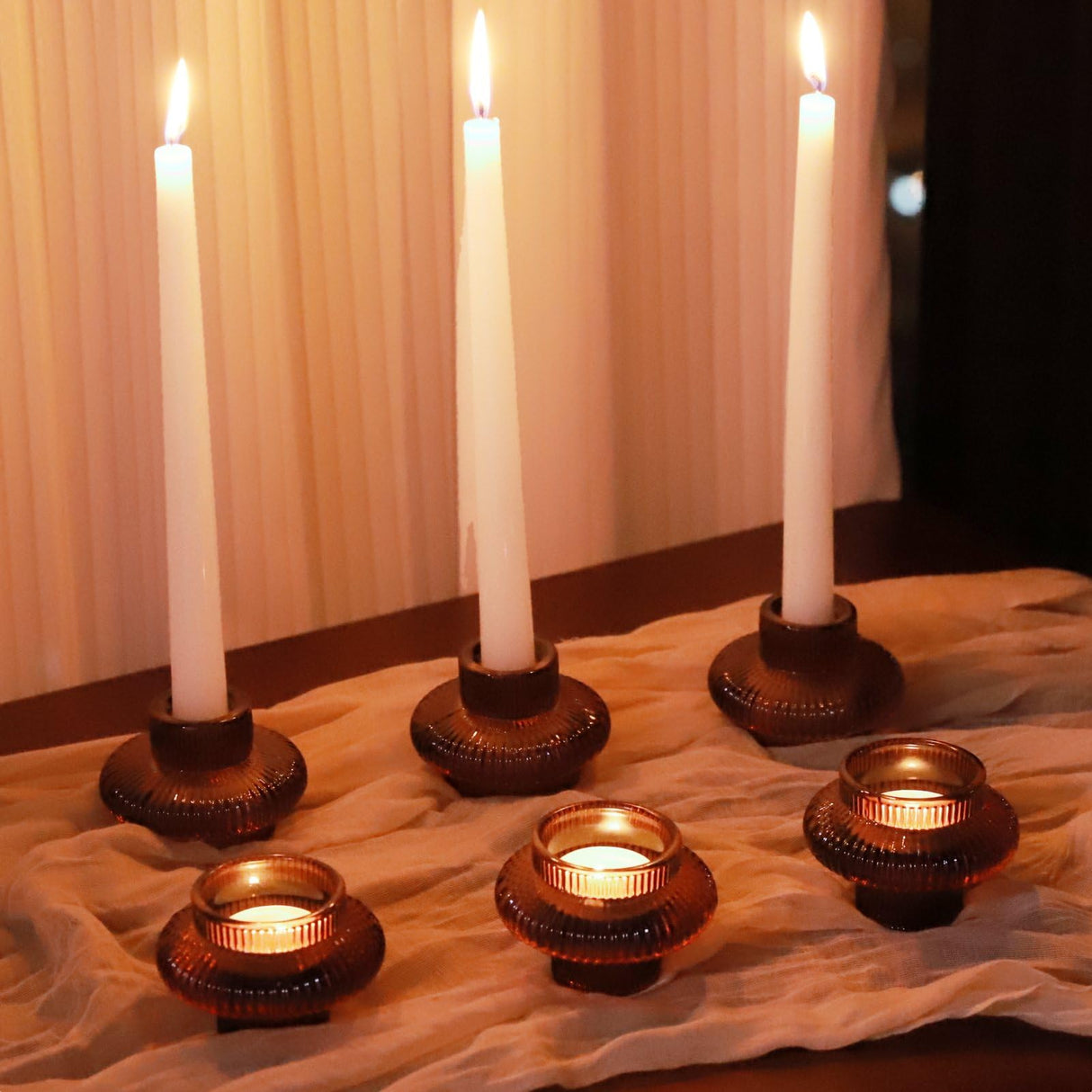 VOHO Brown Candlestick Holders Set of 6, Old Fashioned Candle Sticks Holder Decor for Daily Room/Halloween/Thanksgiving Party, Double Side Taper Candle Holders for Candlesticks/Tealight Candles(Brown) VOHO