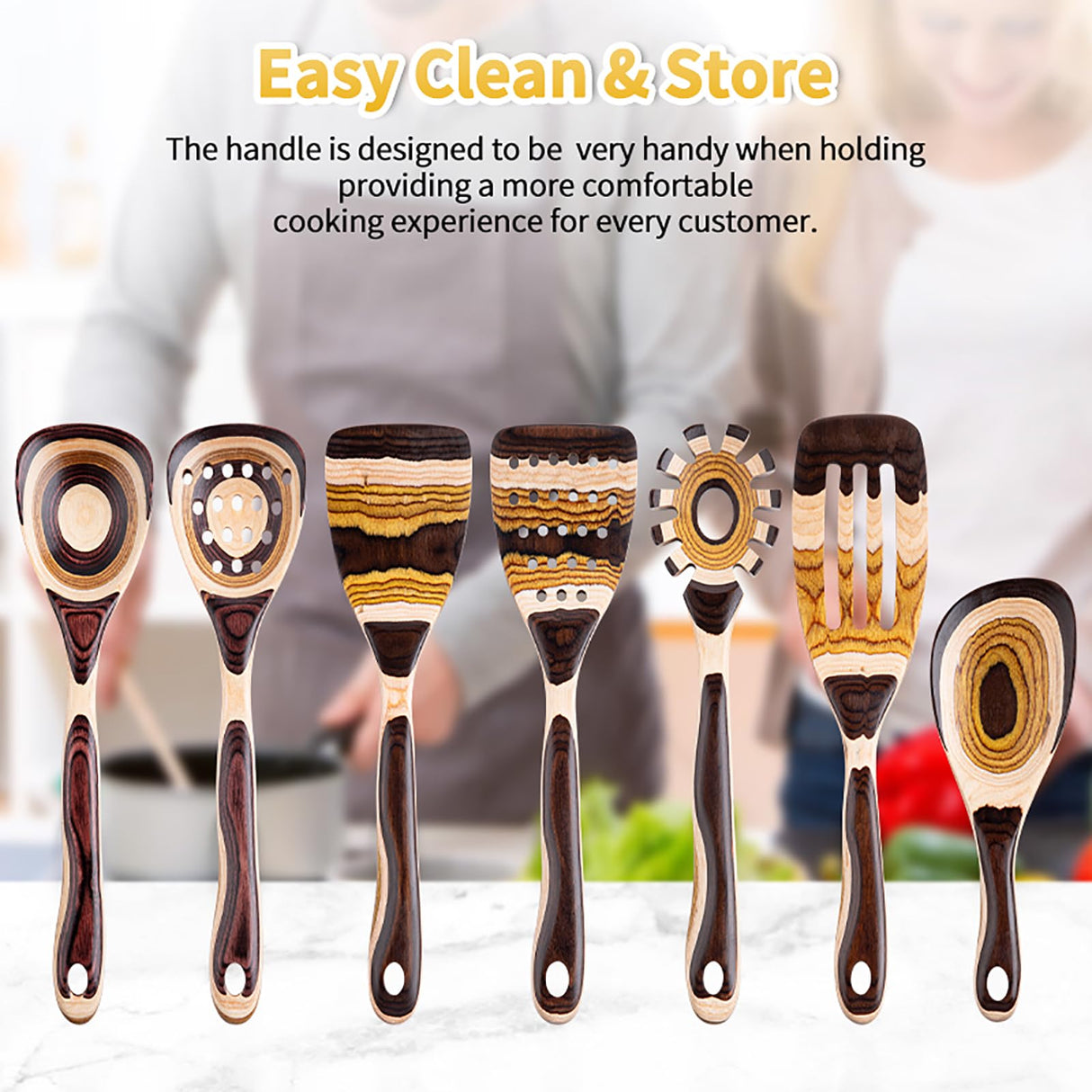 Gudamaye 7-Piece Brown Pakkawood Utensils Set – Sturdy, Eco-Friendly, Wooden Spoons for cooking, Wooden Utensil for cooking, Wooden Kitchen Tool, Home & Kitchen Gifts for Men and Women Gudamaye