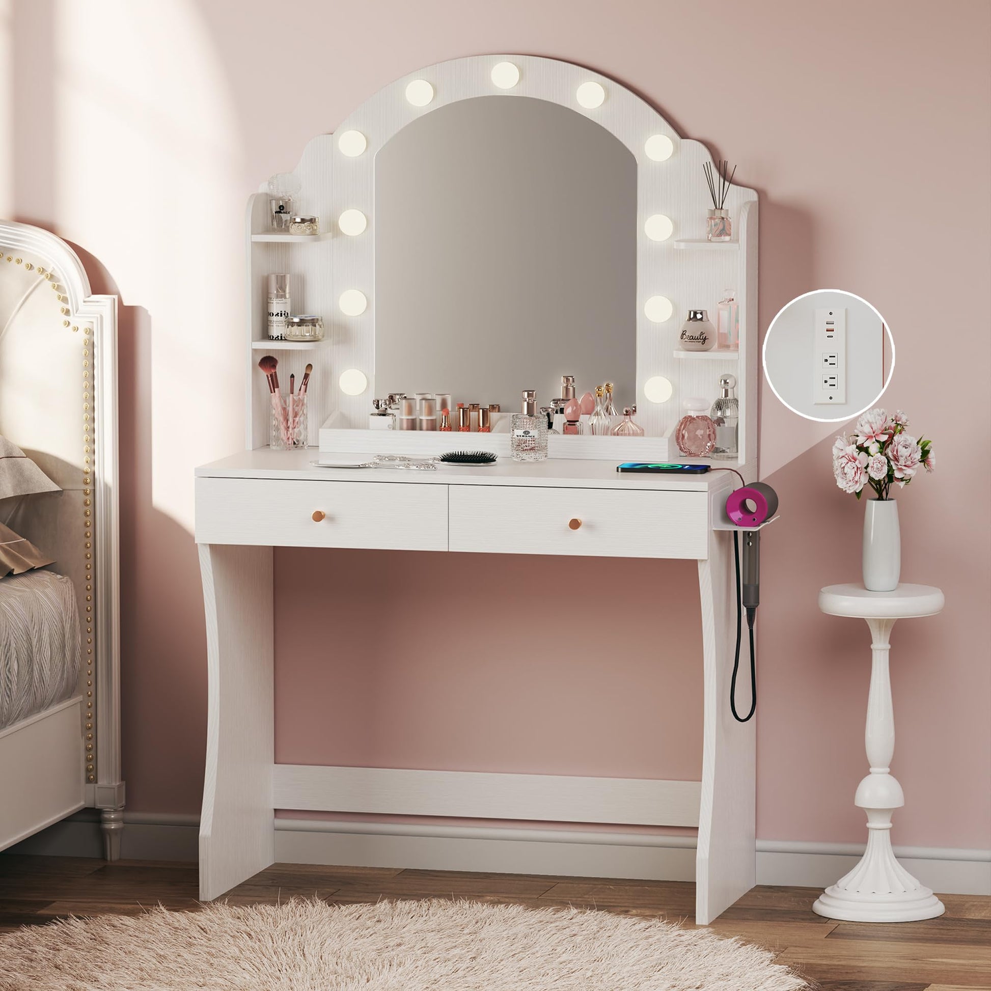 ALEXNUTRE Makeup Vanity Desk with Mirror and Lights, Vanity with Power Outlet, 3 Lighting Color Adjustable for Bedroom, Large Drawers and Storage Shelves, White - WoodArtSupply