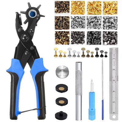 Belt Hole Puncher with 240 Sets of Leather Rivets - Updated Hole Sizes Puncher for Belt, Watch Band, Strap, Dog Collar, Saddle, Shoes, Fabric, DIY Home or Craft Project