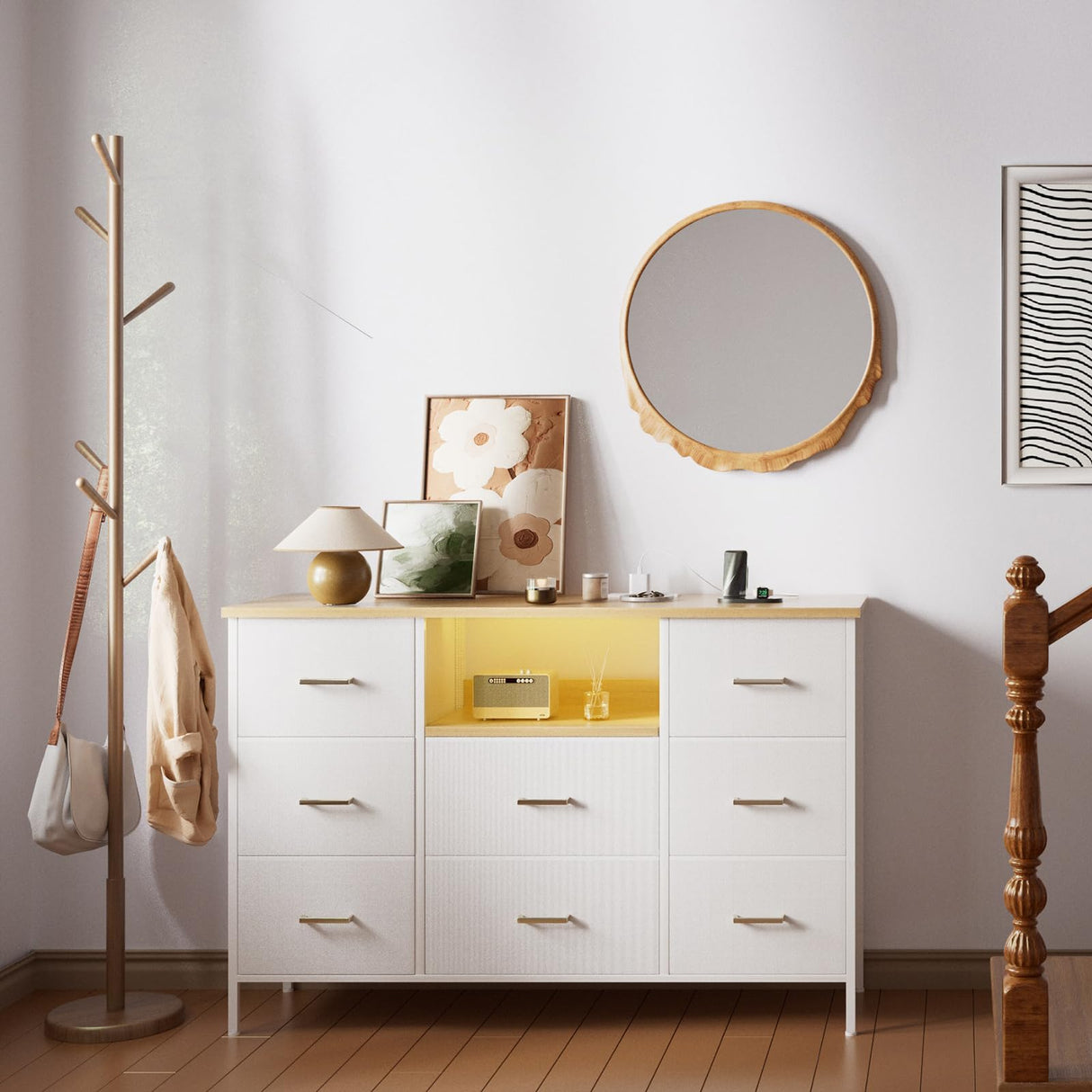 VASICAR White Dresser with LED Lights & Power Outlets, Dresser TV Stand with 8 Drawers for 55" TV, Fabric Chest of Drawers for Bedroom, Living Room, Entryway VASICAR