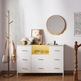 VASICAR White Dresser with LED Lights & Power Outlets, Dresser TV Stand with 8 Drawers for 55" TV, Fabric Chest of Drawers for Bedroom, Living Room, Entryway VASICAR