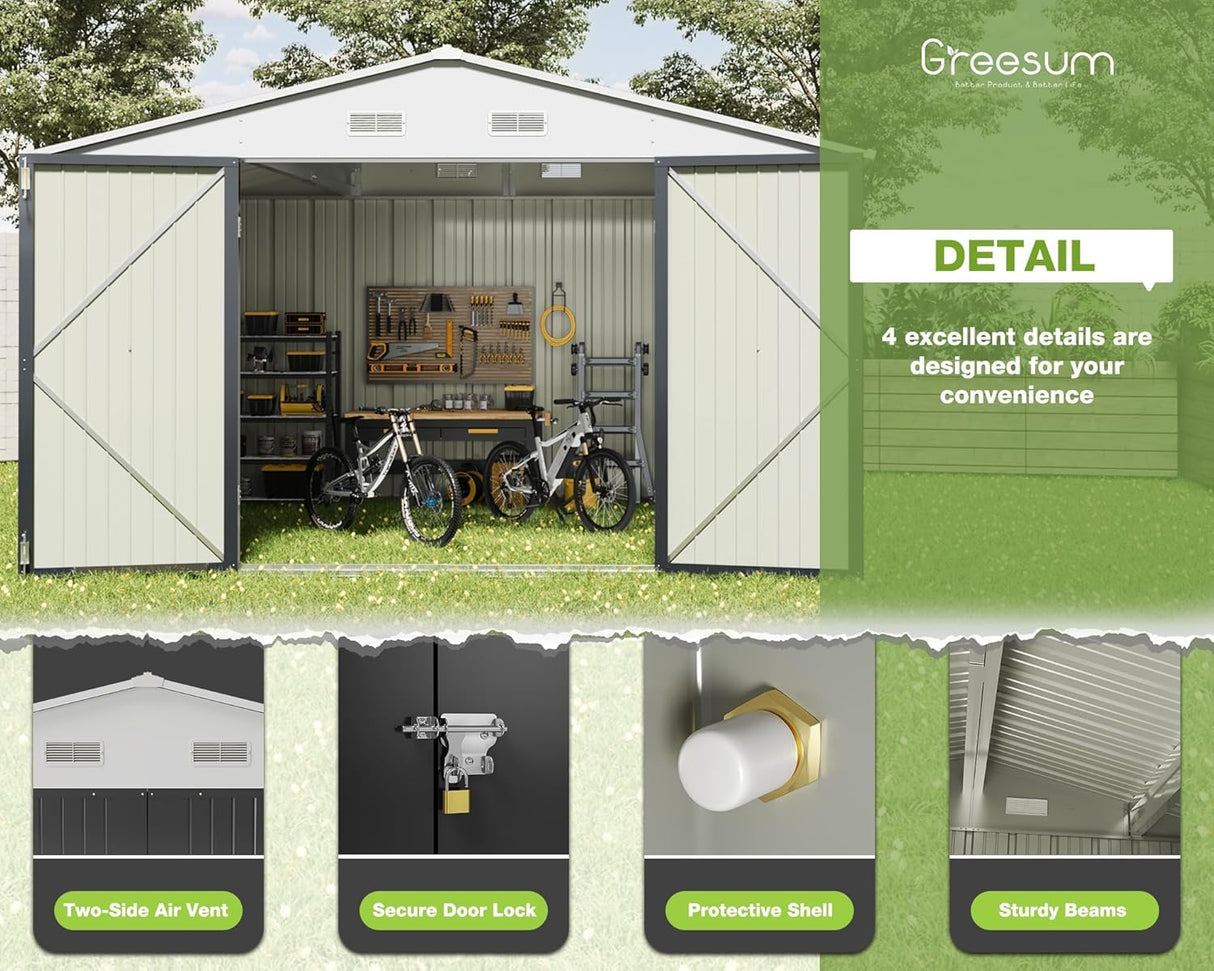 Greesum 10x8FT Outdoor Storage Shed, Utility Tool Shed Metal Storage Garden Shed with Door & Lock for Patio Storage, Gray Greesum
