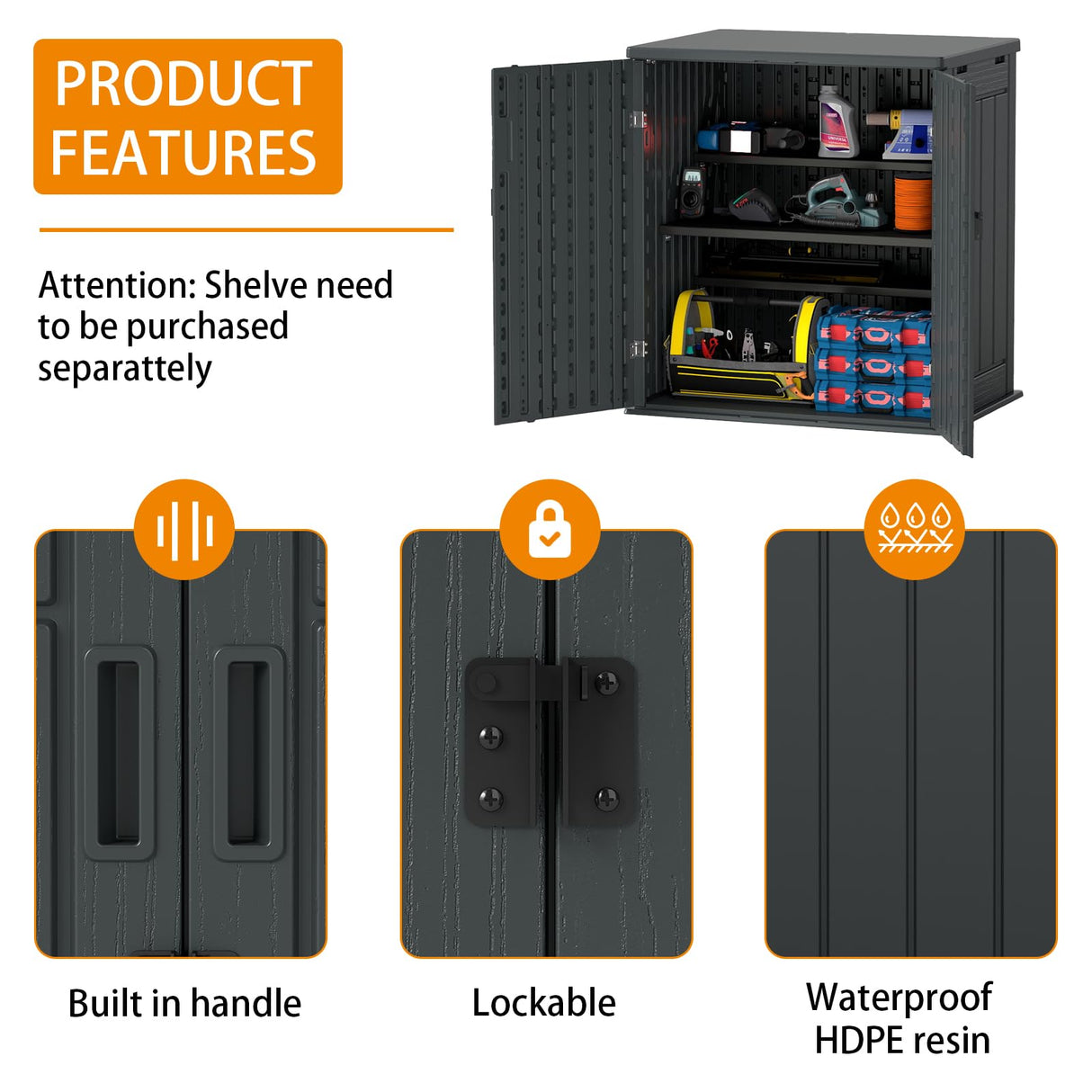 Outdoor Storage Cabinet with 2 Shelves, Waterproof Resin Horizontal Tool Shed, Lockable 15 cuft. Storage Shed for Patio, Garden, Yard, Grey ZYJOYY