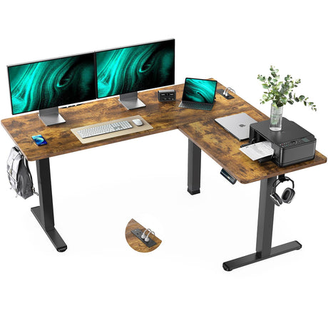 Marsail 63×55 in Electric Corner L-Shaped Standing Desk with 4-in 1 Electical Outlet, Computer Desk with Headphone Hook, Memory Sit Stand up Home Office Table, Ergonomic Gaming Table,Brown Marsail