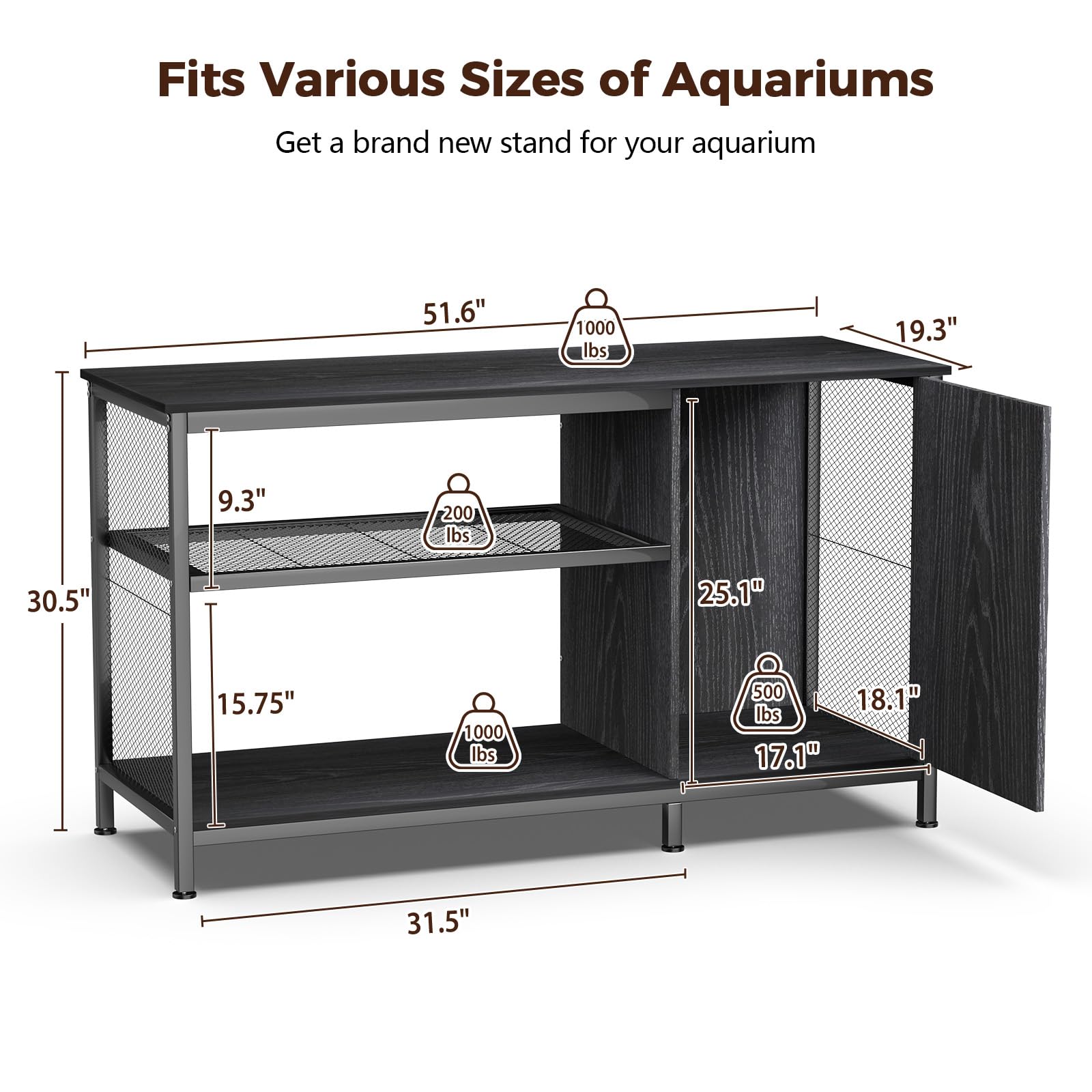 Tatub 55-90 Gallon Fish Tank Stand Large Aquarium Stand with Accessories Storage, Heavy Duty Metal Fish Tank Cabinet Suitable for Turtle Tank, Reptile Terrarium Stand, 1000LBS Capacity, Black - WoodArtSupply