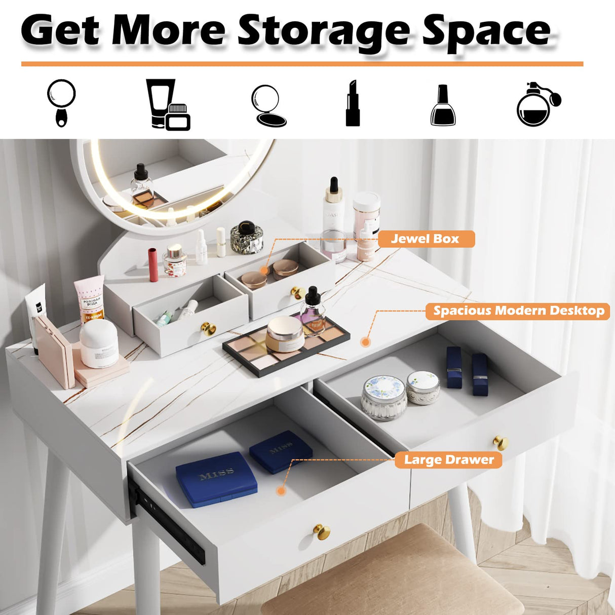 Furmax Vanity Desk Makeup Vanity Table with Lighted Mirror Vanity Set with Modern Desktop, Soft Cushioned Stool, 4 Storage Drawers, 3 Colors Mirror Brightness Adjustable (White) Furmax