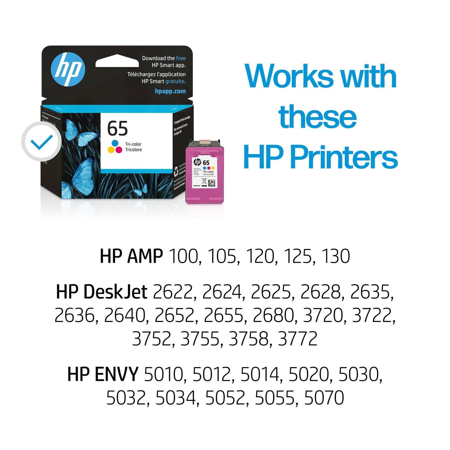 HP 65 Tri-color Ink Cartridge | Works with HP AMP 100 Series, HP DeskJet 2600, 3700 Series, HP ENVY 5000 Series | Eligible for Instant Ink | N9K01AN