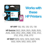HP 65 Tri-color Ink Cartridge | Works with HP AMP 100 Series, HP DeskJet 2600, 3700 Series, HP ENVY 5000 Series | Eligible for Instant Ink | N9K01AN HP