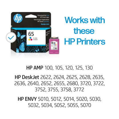 HP 65 Tri-color Ink Cartridge | Works with HP AMP 100 Series, HP DeskJet 2600, 3700 Series, HP ENVY 5000 Series | Eligible for Instant Ink | N9K01AN