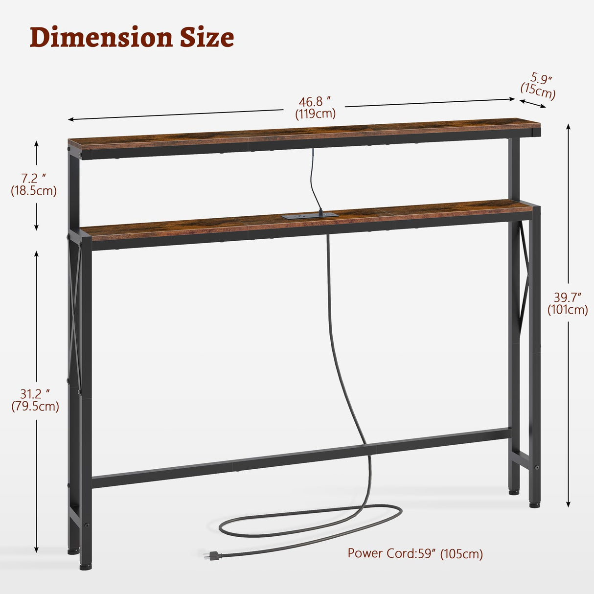 FAVOOSTY 5.9" Narrow Console Table with Led 46.8" Industrial Entryway Table with Storage Shelves, Thin Sofa Table for Living Room, Hallway, Entry Way, Foyer, Kitchen, Rustic Brown&Black FAVOOSTY
