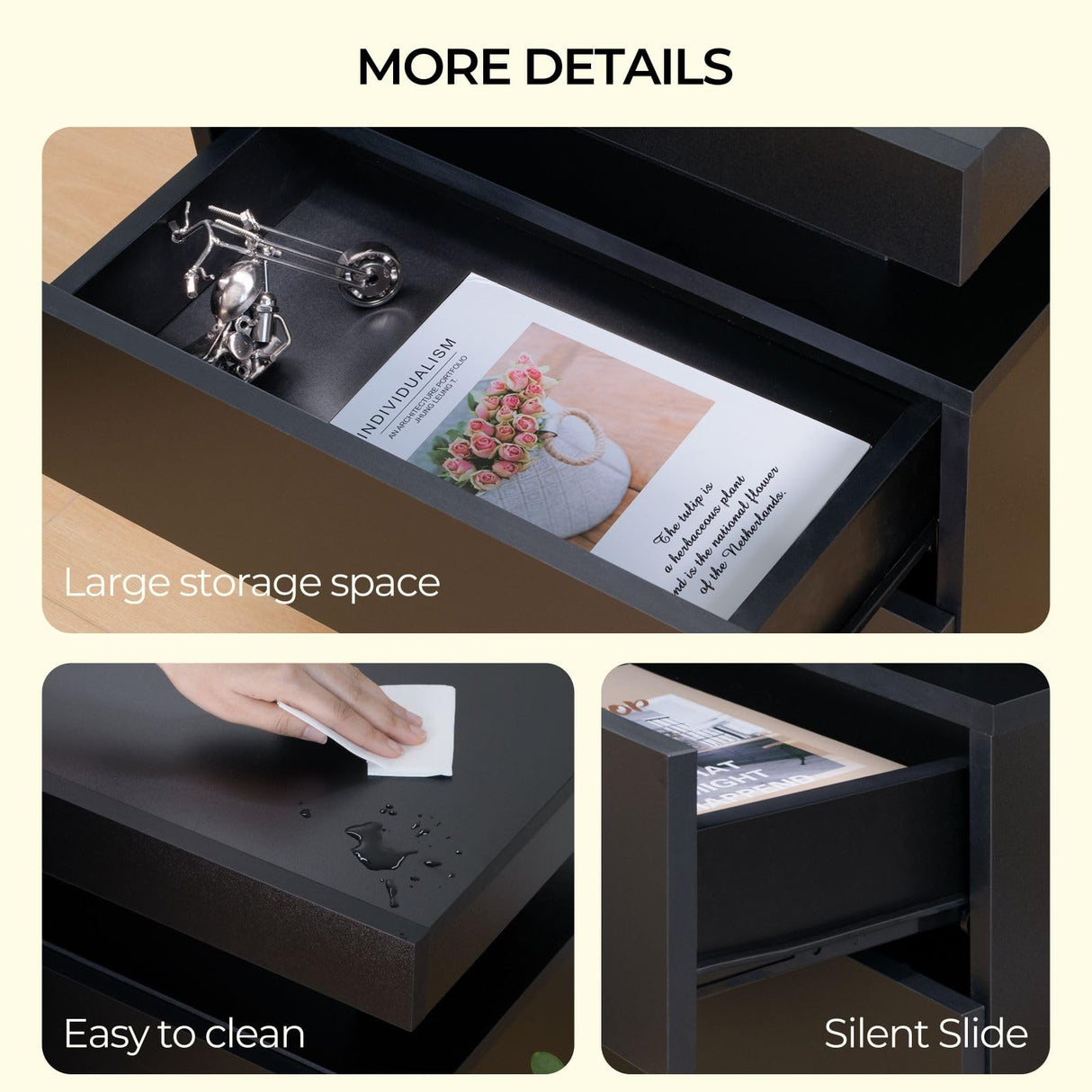 Bingoday Black Nightstand Set of 2 Black Bedside Tables Set of 2 LED Night Stand Set 2 Wood Nightstand Set of 2 with 2 Drawers for Bedroom Living Room Bingoday