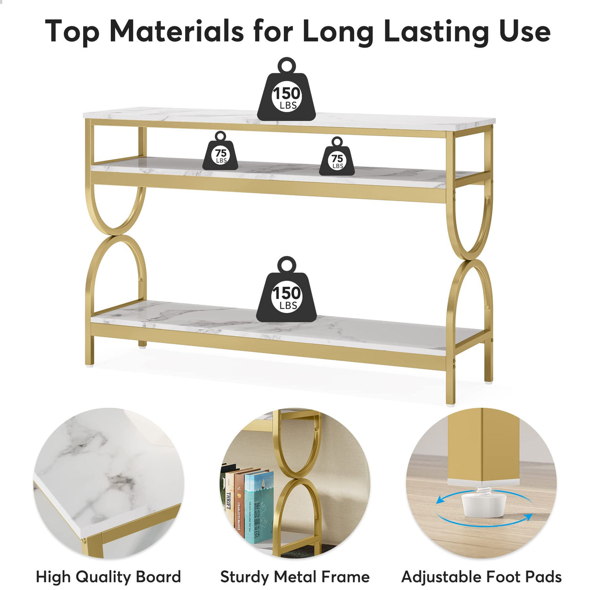 Tribesigns 3-Tier Console Table, 55 inch Sofa Table with Open Storage Shelves, Narrow Long Hallway/Entryway Table with Faux Marble Top for Home Living Room Entryway, White & Gold Tribesigns