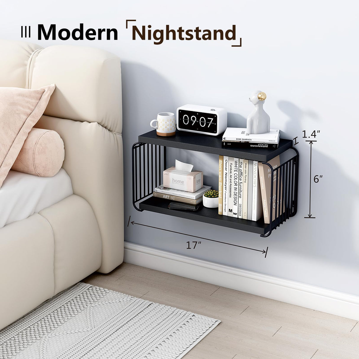 MXCSE Floating Nightstand Shelves, Modern Night Stand for Bedroom, Wood Floating Shelf for Wall, Nightstand Bedside Table, Mid Century Wall Shelves for Living Room, Bedroom (2, Black) MXCSE