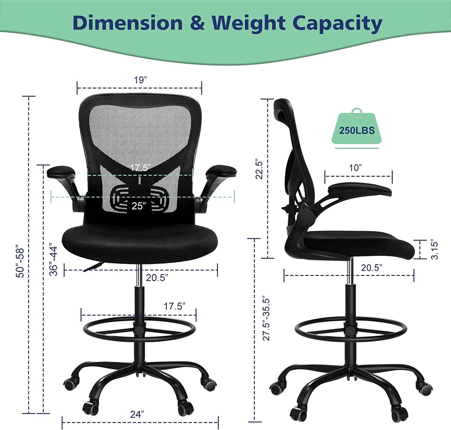 dreamlify Drafting Chair,Tall Standing Desk Chair Comfortable Office Chair with Foot Ring Flip-up Padded Arms Height Adjustable Computer Task Chair Ergonomic Mesh Mid-Back Desk Chair,Black - WoodArtSupply