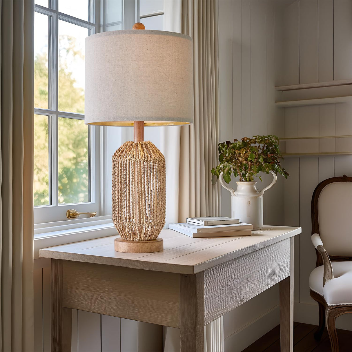 OYEARS 21" Boho Table Lamp for Living Room, Bedside Lamp for Nightstands, Rattan Lamp for Bedroom, Farmhouse Table Lamp for Room Decor, End Table, Retro, Brown, 1 Pack OYEARS