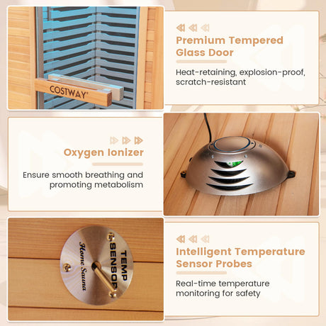 COSTWAY 1-2 Person Far Infrared Wooden Sauna Room, Canadian Hemlock Indoor Low EMF Sauna with Oxygen Ionizer, 9 Carbon Heaters, 4 Light Strips, Tempered Glass Door, Personal Sauna for Home COSTWAY