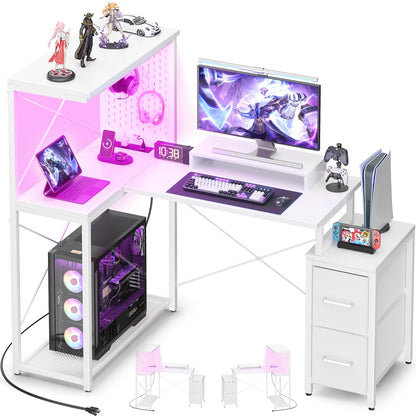 L Shaped Gaming Desk with 2 Fabric Drawers - Reversible Computer Desk with Power Outlet & LED Lights, 48" Corner Desk with Monitor Stand & Storage Shelves, Office Study Table with Pegboard, White