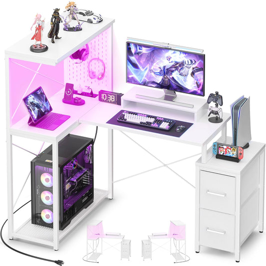 L Shaped Gaming Desk with 2 Fabric Drawers - Reversible Computer Desk with Power Outlet & LED Lights, 48" Corner Desk with Monitor Stand & Storage Shelves, Office Study Table with Pegboard, W - WoodArtSupply