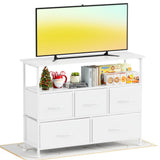 Simple Deluxe TV Stand Dresser for Bedroom Entertainment Center with 5 Fabric Drawers, Storage Organizers Units for Living Room, Media Console Table with Open Shelf up for 45" TV, White, Wood top Simple Deluxe