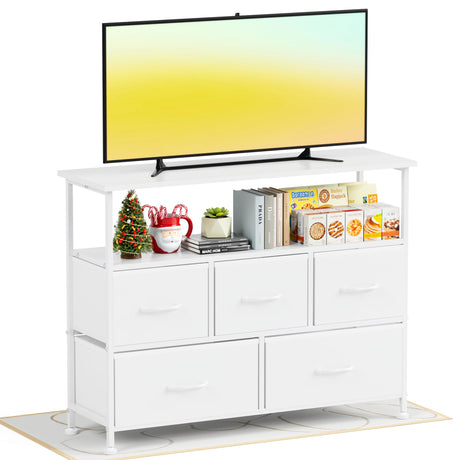 Simple Deluxe TV Stand Dresser for Bedroom Entertainment Center with 5 Fabric Drawers, Storage Organizers Units for Living Room, Media Console Table with Open Shelf up for 45" TV, White, Wood top Simple Deluxe
