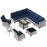 11-Piece Patio Furniture Set, Outdoor Patio Furniture with Fire Pit Table, Swivel Chairs Set, Thick Cushions, Modular Patio Sofa, Dual-Strand Wicker Rattan, Rust-Resistant Frame, Navy Blue Sweecci