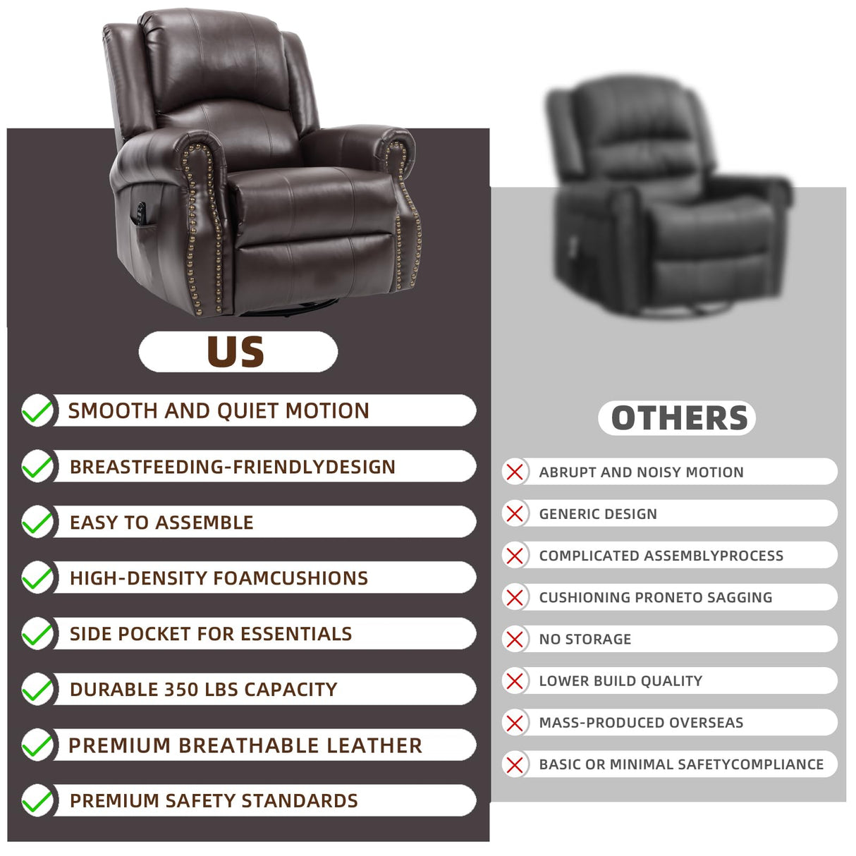 PELUMY Breathable Leather Manual Recliner Chair with Heat Massage, 360° Swivel Rocking Recliner, Oversized Multifunctional Living Room and Nursery Chair (Brown) PELUMY