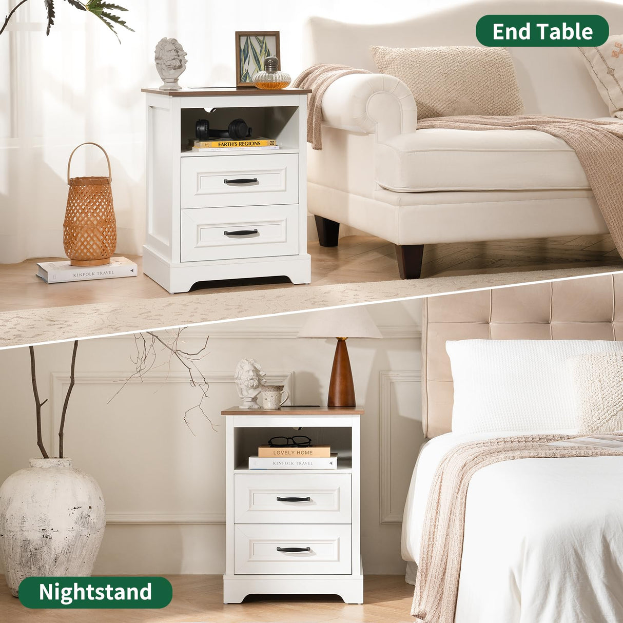 Curlaky Farmhouse Nightstand with Charging Station, Wood Night Stand with Drawers, Bedside Table, Nightstands with Open Storage Shelf, Rustic Night Stands for Bedroom, Closet, 18" Wide, 24" Tall Curlaky