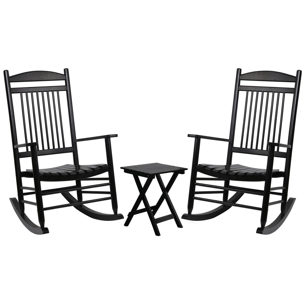 MUPATER Outdoor Rocking Chair Set 3-Piece Patio Wooden Rocker Bistro Set with Foldable Table and Curved Seat, Black MUPATER
