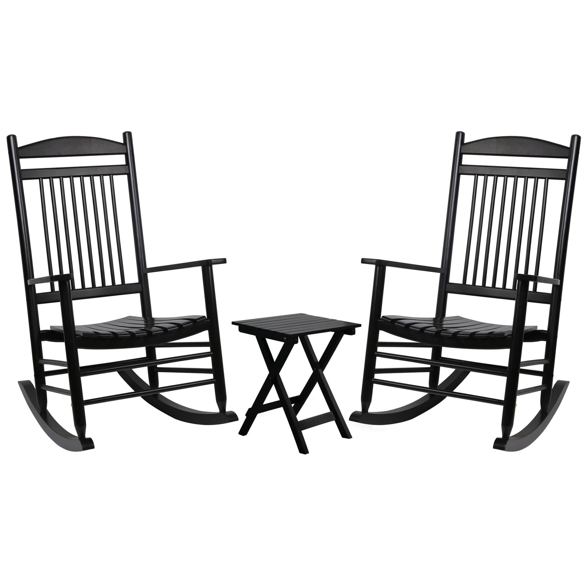 MUPATER Outdoor Rocking Chair Set 3-Piece Patio Wooden Rocker Bistro Set with Foldable Table and Curved Seat, Black - WoodArtSupply