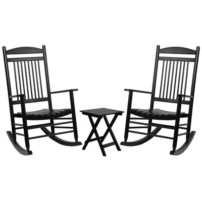 MUPATER Outdoor Rocking Chair Set 3-Piece Patio Wooden Rocker Bistro Set with Foldable Table and Curved Seat, Black