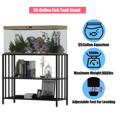 WOULHOMY Fish Tank Stand with Metal Shelves, 55 Gallon Aquarium Stand Heavy Duty Turtle Tank Terrariums Tank Breeder Reptile Tank Stand for Home Office, 48.4” x 14.9” x 29.5” (Black)