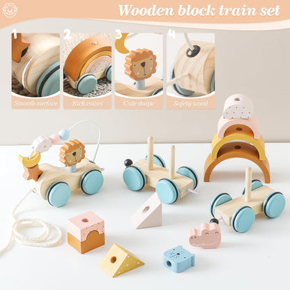 Wooden Train Toys Set Wooden Stacking Train for Toddler Animal Train Toy Montessori Toys for 1 2 3 Boy Girl Christmas Birthday Gift