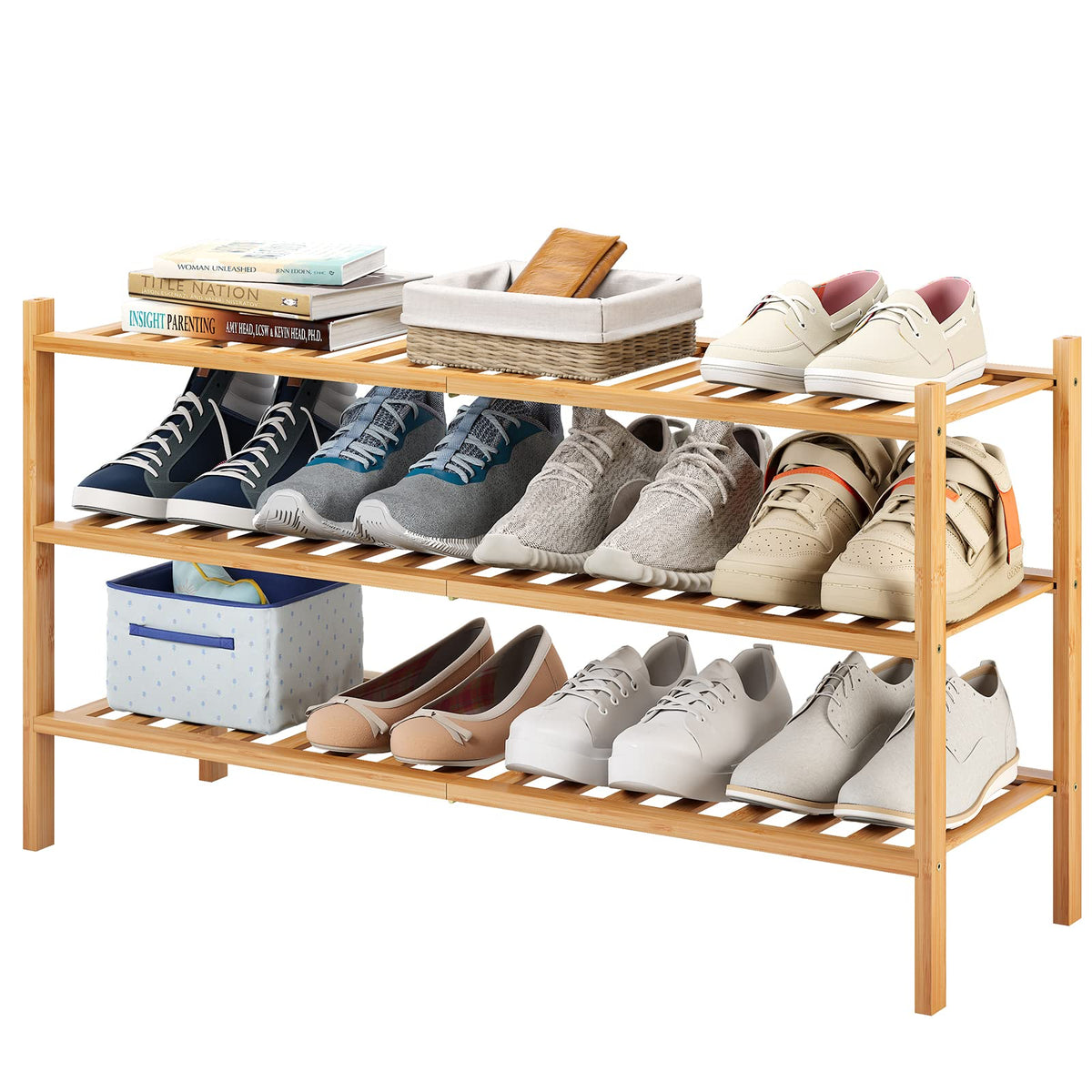 Furshus Long Shoe Rack, 3-Tier Bamboo Stackable Shoe Shelf Storage Org ...